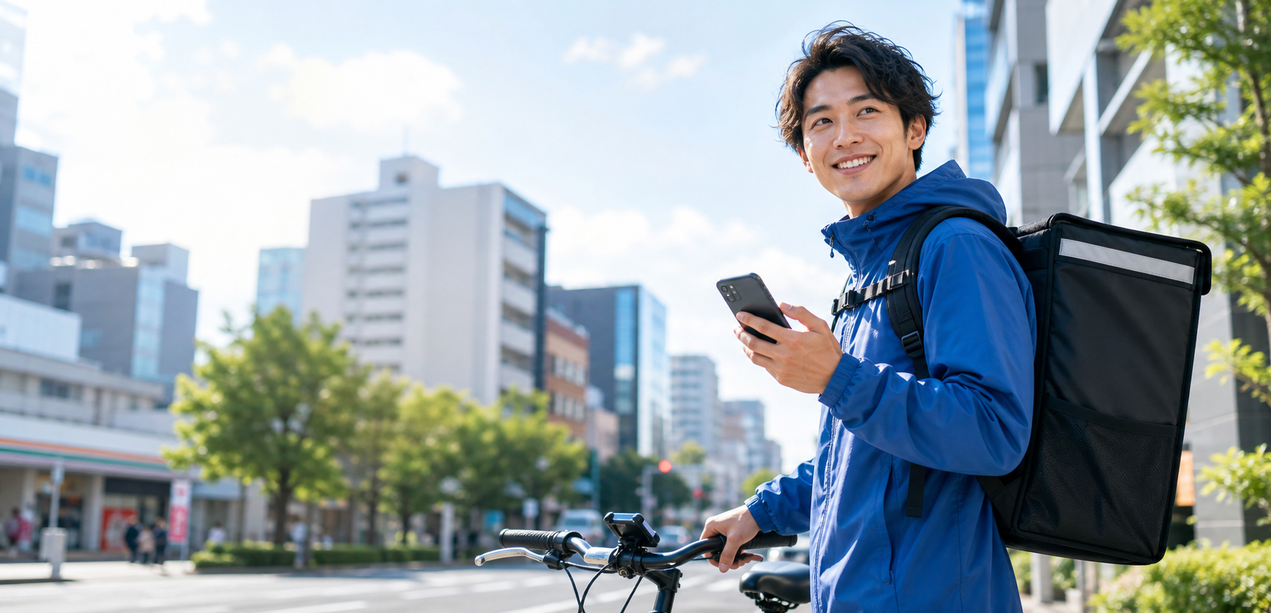 スマートフォンを確認するフードデリバリー配達員
