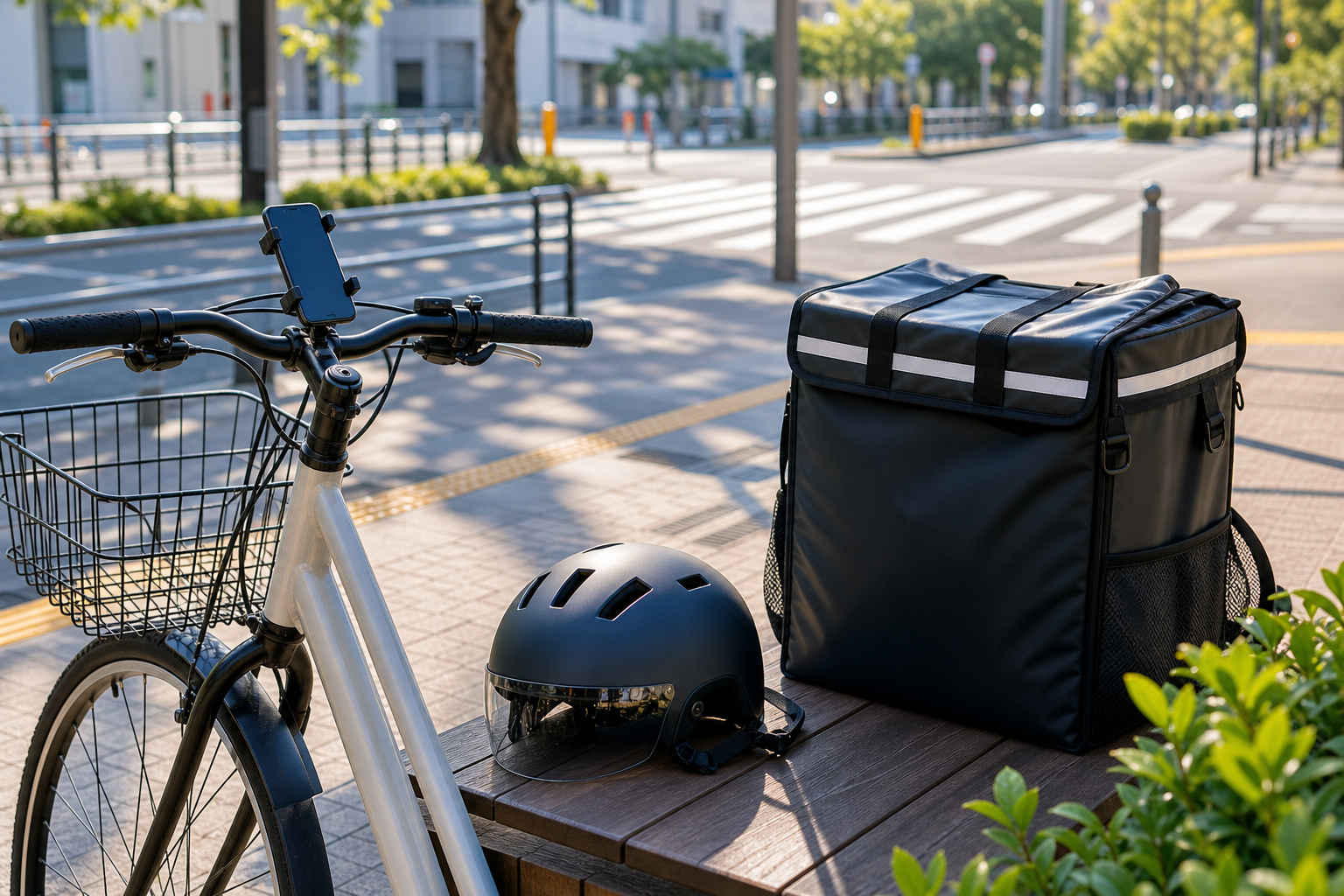 配達バッグと自転車を準備している様子