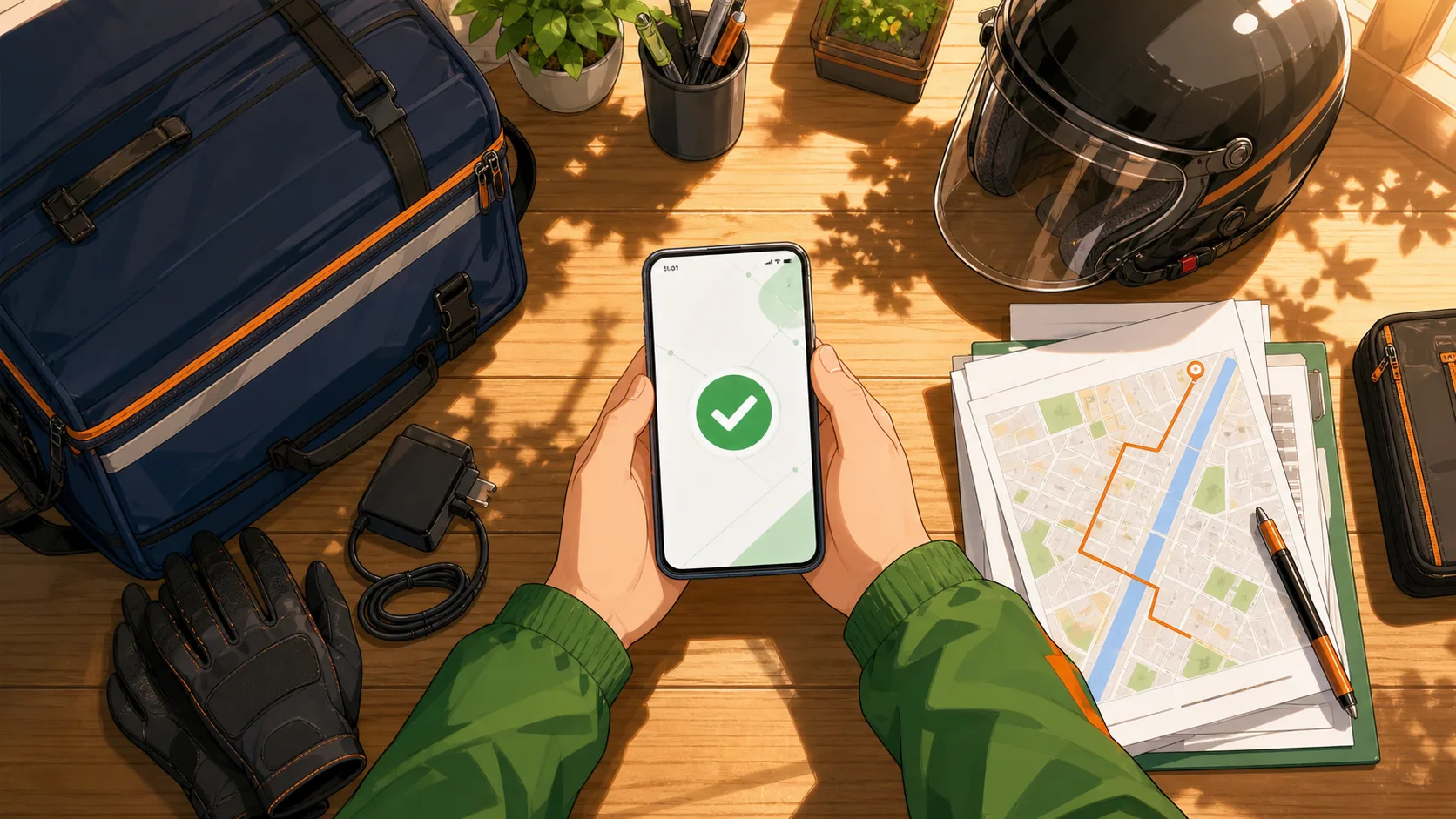 登録準備が整ったスマートフォンと配達装備のイラスト