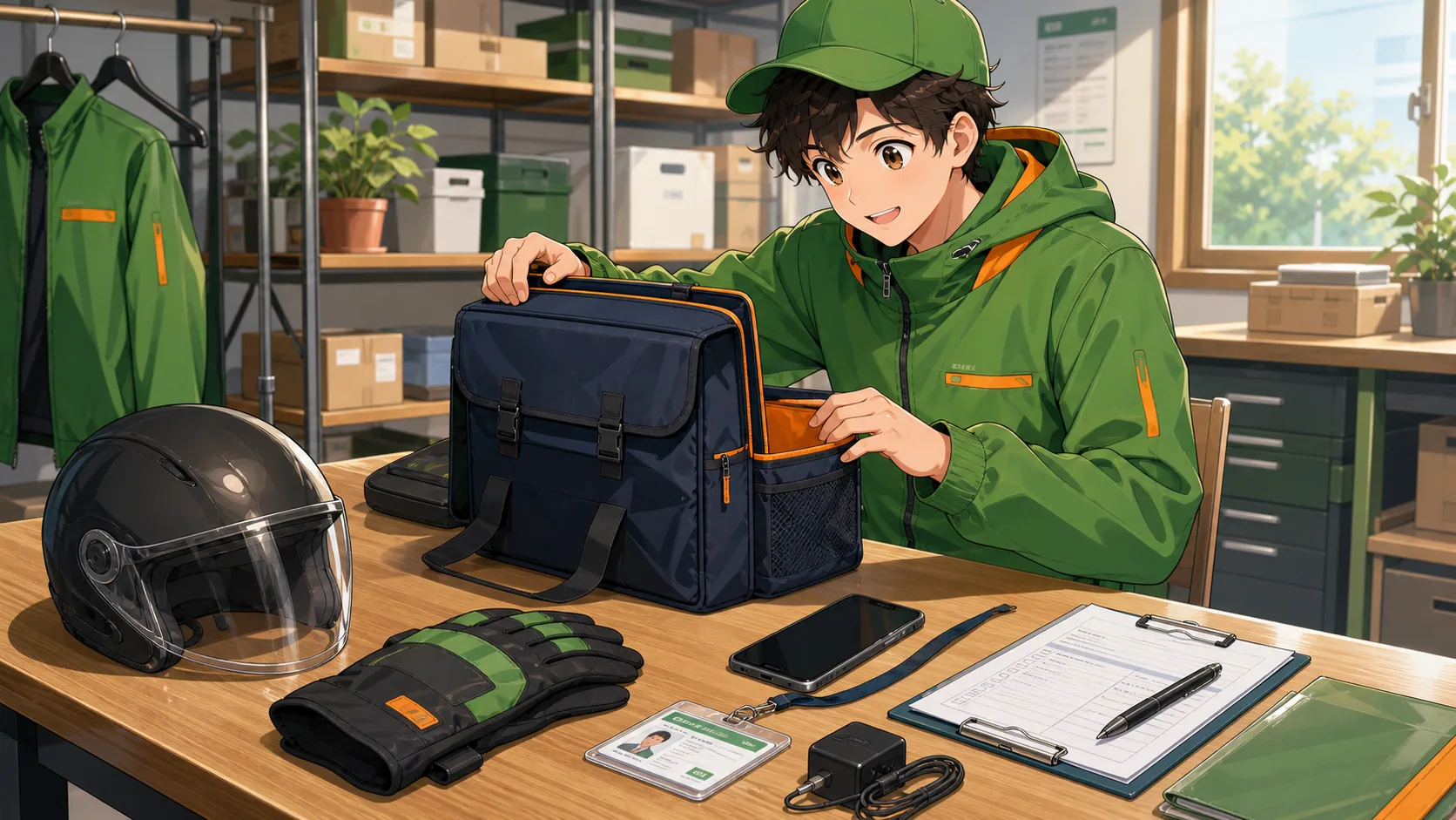 登録前に配達バッグ、ヘルメット、書類を準備する配達員のイラスト