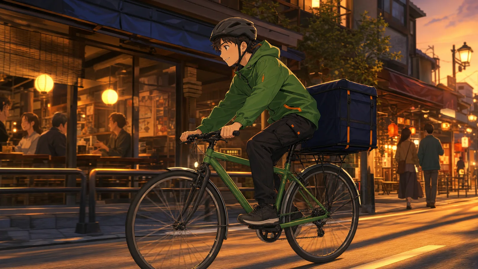 夕方の飲食店街を自転車で配達する配達員のイラスト